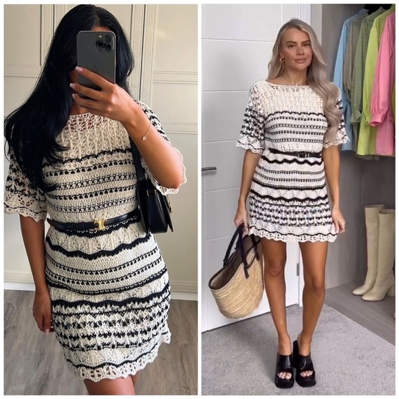 Zara Ivory Black Stripe Crochet Knit Short Sleeve Mini Dress Blogger Fav - Picture 3 of 9